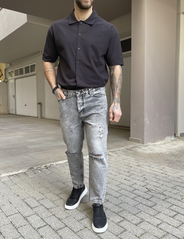 Ανδρικό γκρι loose τζιν ξεβαμμένο πεντάτσεπο με σκίσιμο 2718 φωτογραφία